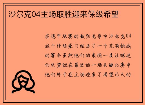 沙尔克04主场取胜迎来保级希望