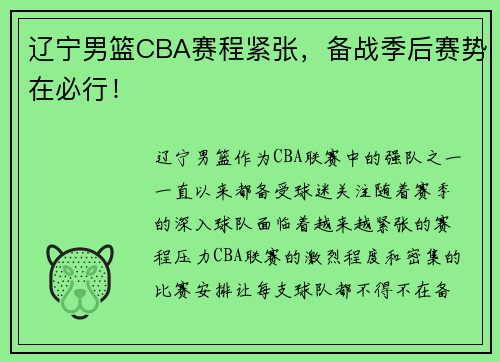 辽宁男篮CBA赛程紧张，备战季后赛势在必行！