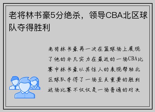 老将林书豪5分绝杀，领导CBA北区球队夺得胜利