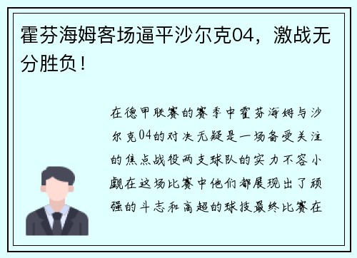 霍芬海姆客场逼平沙尔克04，激战无分胜负！