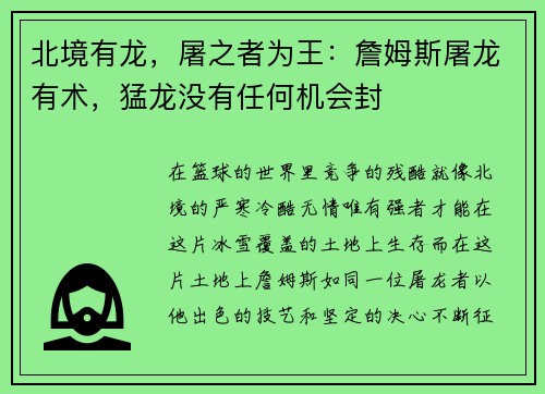 北境有龙，屠之者为王：詹姆斯屠龙有术，猛龙没有任何机会封