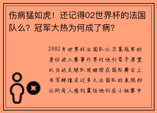 伤病猛如虎！还记得02世界杯的法国队么？冠军大热为何成了病？