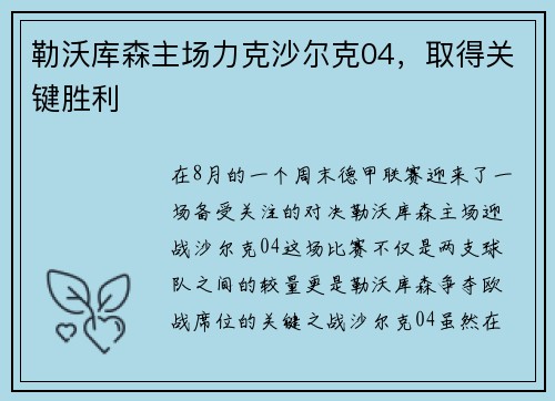 勒沃库森主场力克沙尔克04，取得关键胜利