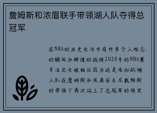 詹姆斯和浓眉联手带领湖人队夺得总冠军