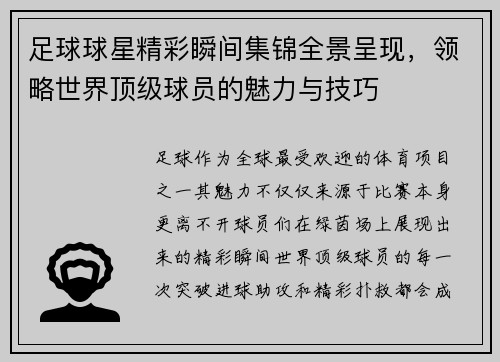 足球球星精彩瞬间集锦全景呈现，领略世界顶级球员的魅力与技巧